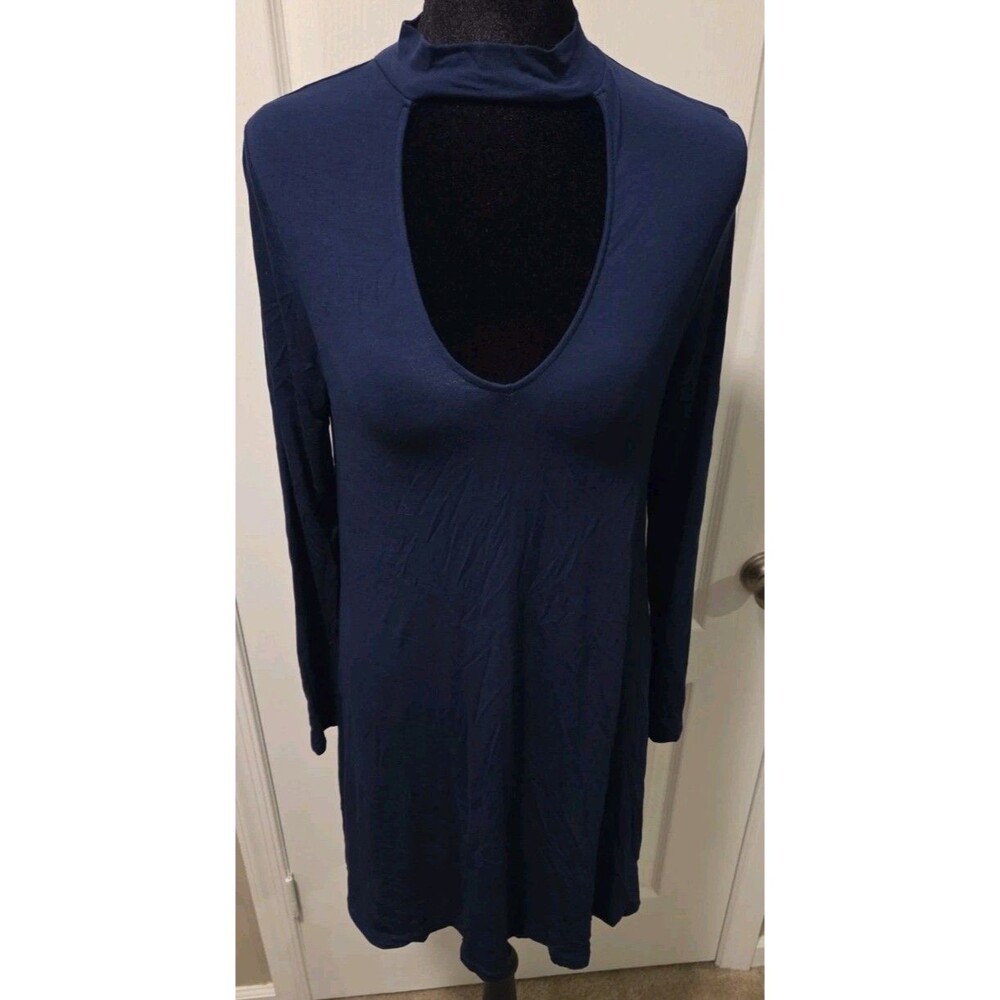 Women's Blue Solid Mock Neck Keyhole Shift Dress Long Sleeve Stretch NWT- Size M